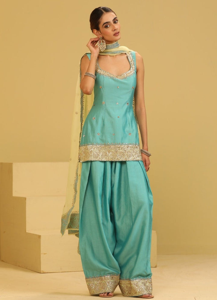Esha Koul Sea Blue Chanderi Kurta Farshi Salwar SetFabilicious Fashion