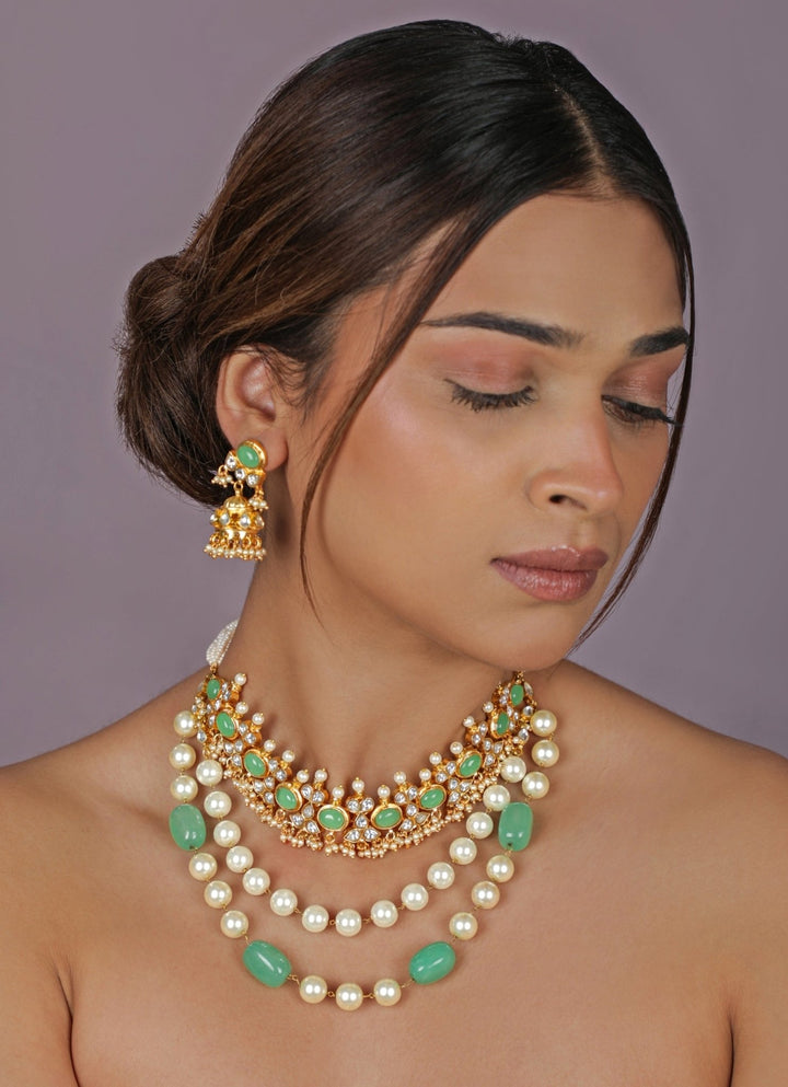 Riana Jewellery Sea Green And Pearl Matte Gold Long Necklace SetFabilicious Fashion
