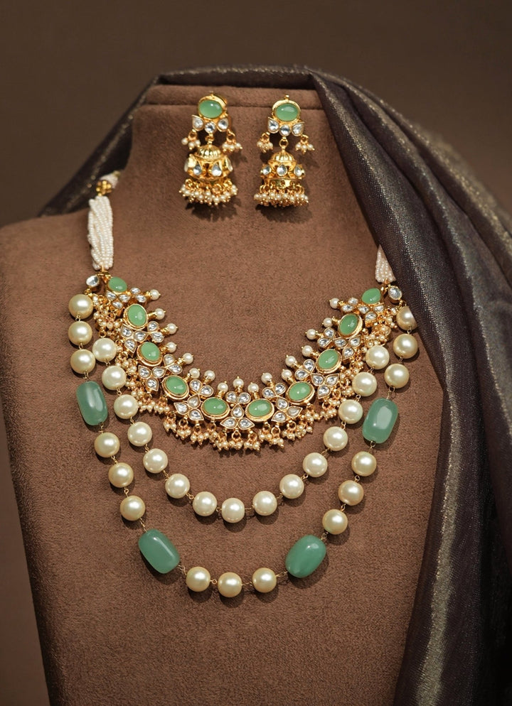 Riana Jewellery Sea Green And Pearl Matte Gold Long Necklace SetFabilicious Fashion