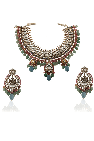 Sea Green And Pestle Blue Necklace Set Riana by Shikha Jindal - Fabilicious Fashion