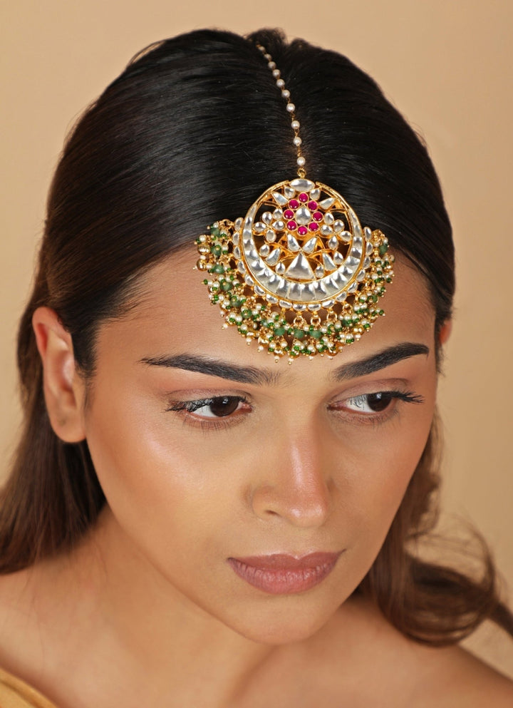 Sea Green And Pink Matte Gold Maangtikka Riana Jewellery - Fabilicious Fashion