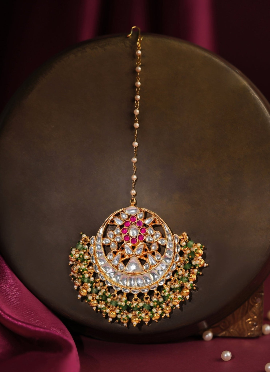 Sea Green And Pink Matte Gold Maangtikka Riana Jewellery - Fabilicious Fashion