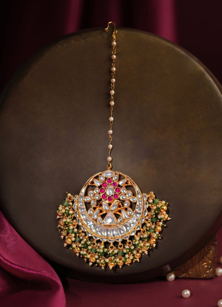 Sea Green And Pink Matte Gold Maangtikka Riana Jewellery - Fabilicious Fashion