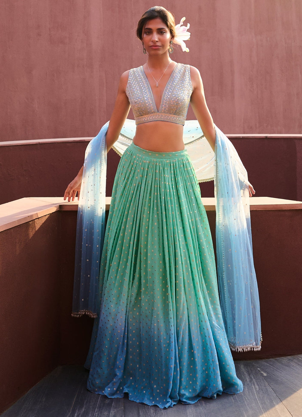 Sea Green and Powder Blue Georgette Lehenga set Chamee and Palak - Fabilicious Fashion