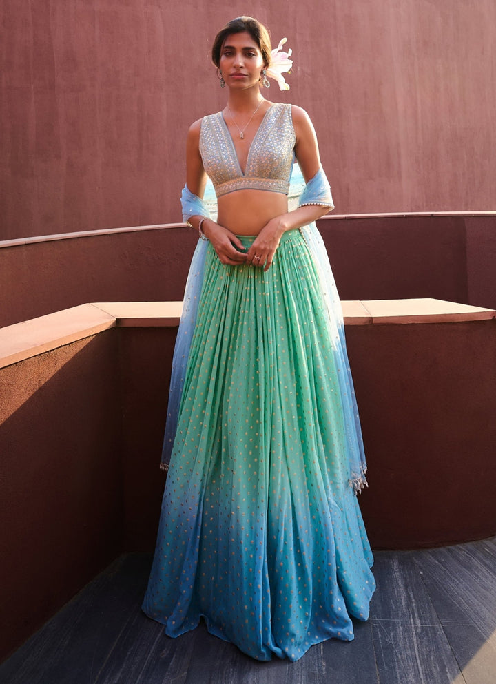 Sea Green and Powder Blue Georgette Lehenga set Chamee and Palak - Fabilicious Fashion