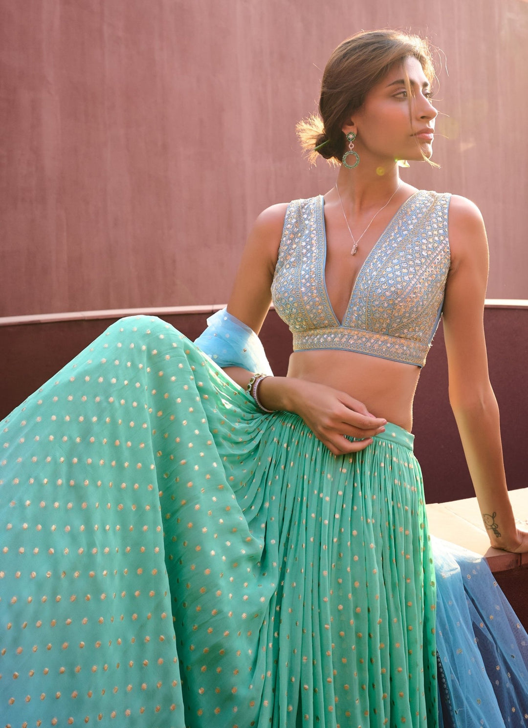 Sea Green and Powder Blue Georgette Lehenga set Chamee and Palak - Fabilicious Fashion