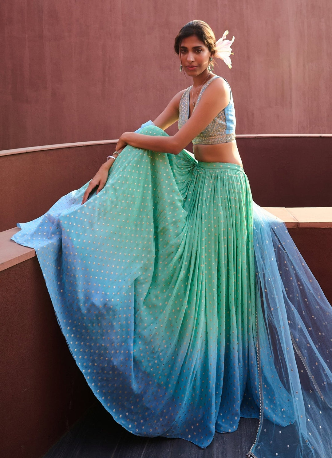 Sea Green and Powder Blue Georgette Lehenga set Chamee and Palak - Fabilicious Fashion