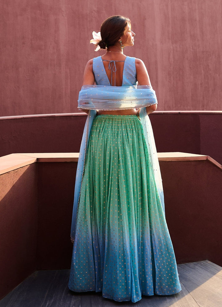 Sea Green and Powder Blue Georgette Lehenga set Chamee and Palak - Fabilicious Fashion