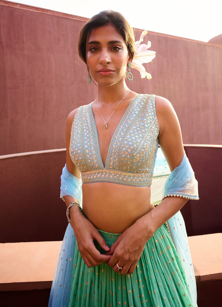 Sea Green and Powder Blue Georgette Lehenga set Chamee and Palak - Fabilicious Fashion