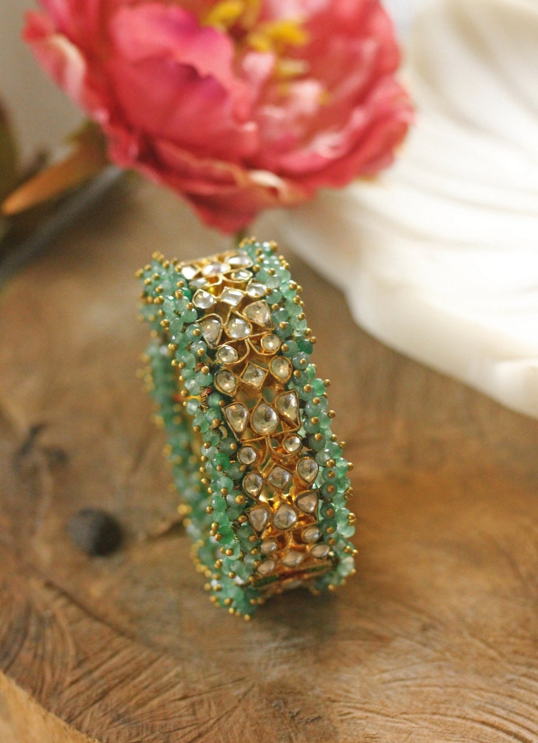 Sea Green and White Jadtar Stone Bangle Riana by Shikha Jindal - Fabilicious Fashion