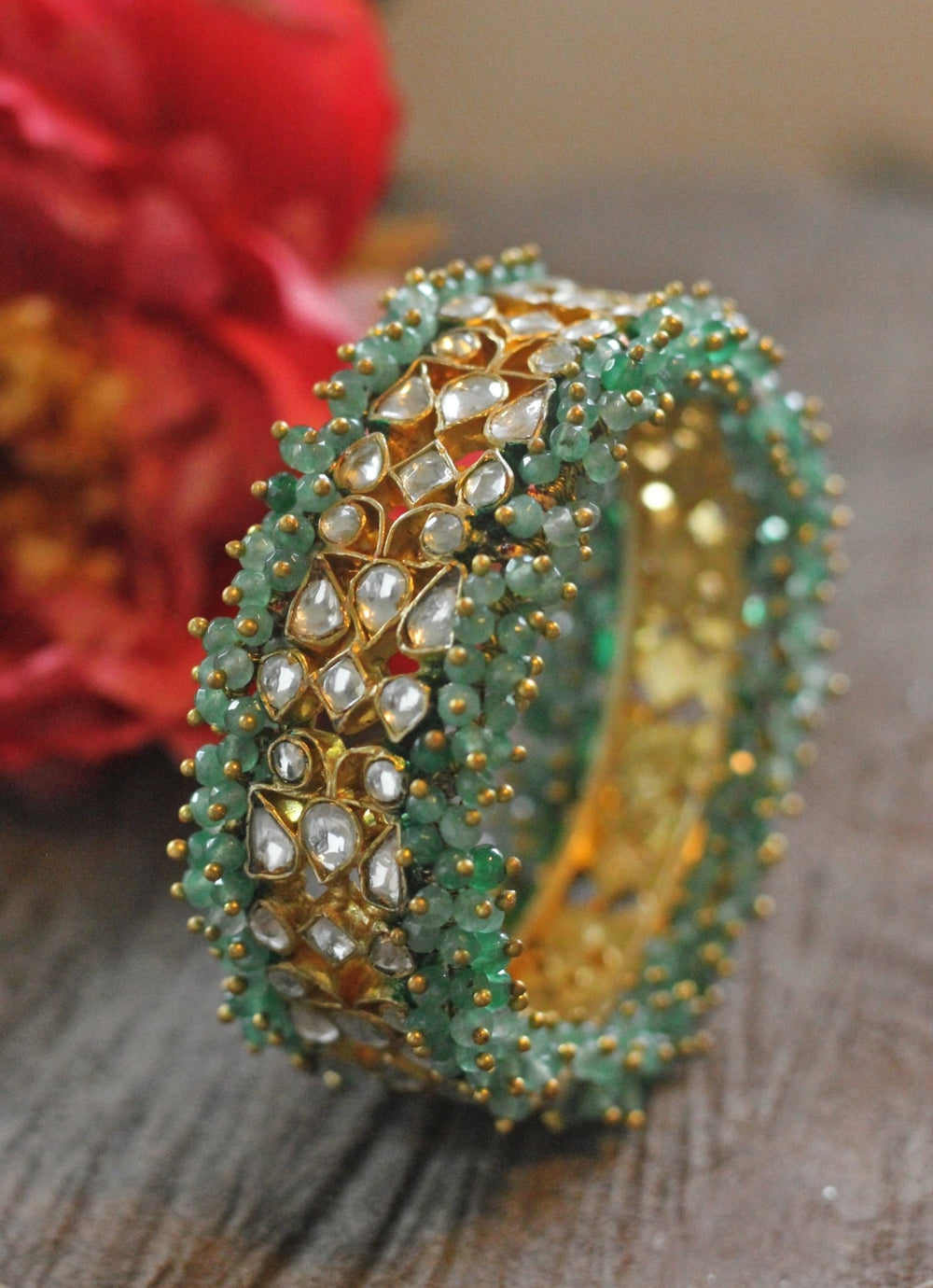 Sea Green and White Jadtar Stone Bangle Riana by Shikha Jindal - Fabilicious Fashion