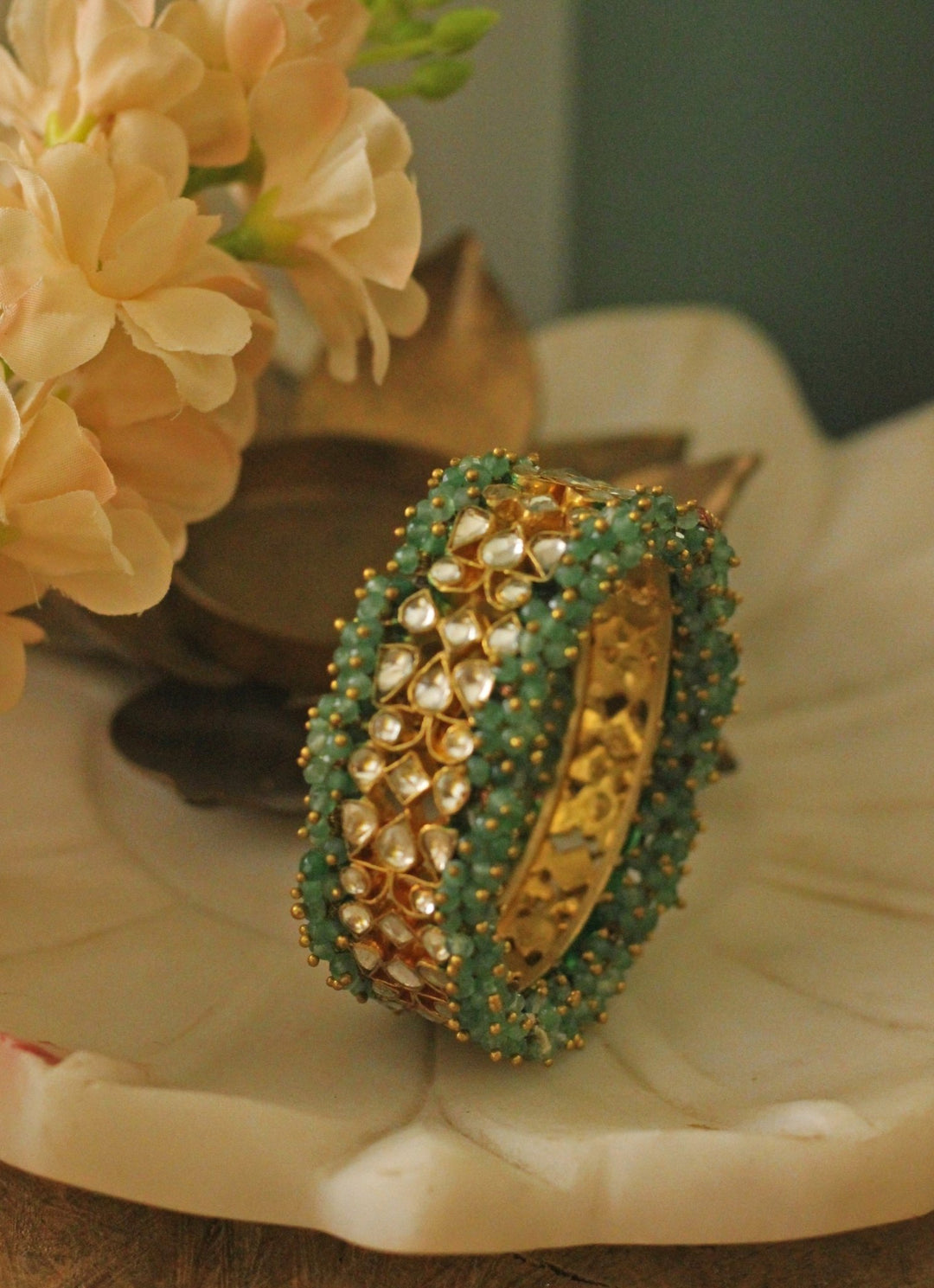 Sea Green and White Jadtar Stone Bangle Riana by Shikha Jindal - Fabilicious Fashion