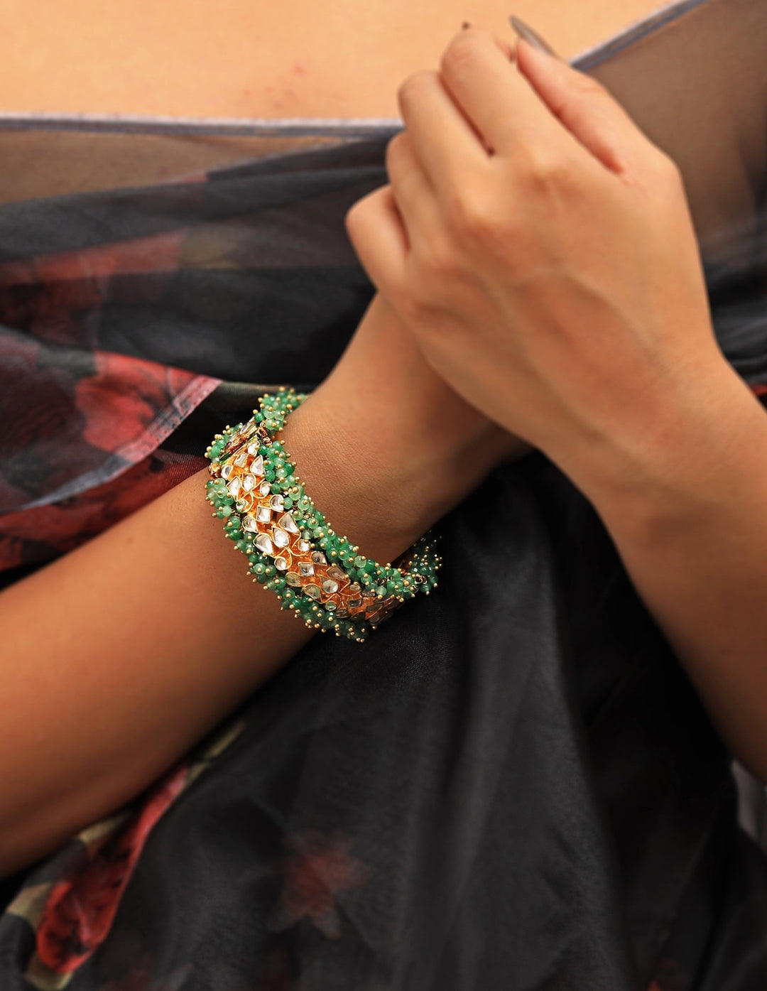 Sea Green and White Jadtar Stone Bangle Riana by Shikha Jindal - Fabilicious Fashion