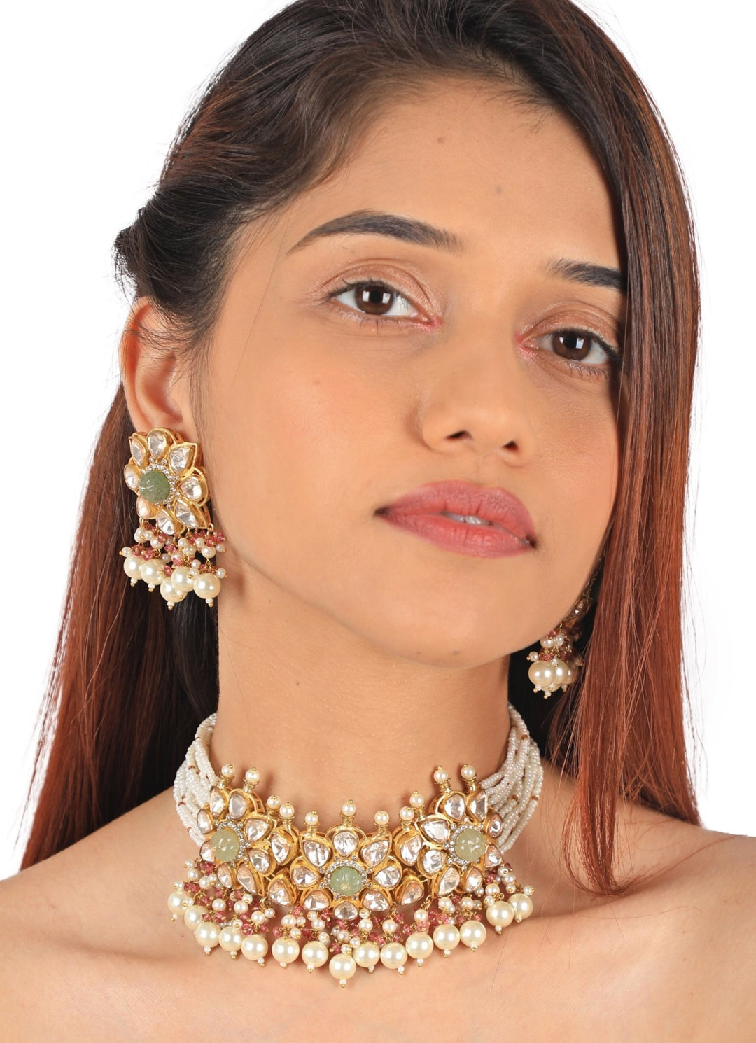 Sea Green and White Stone Choker Set Riana by Shikha Jindal - Fabilicious Fashion