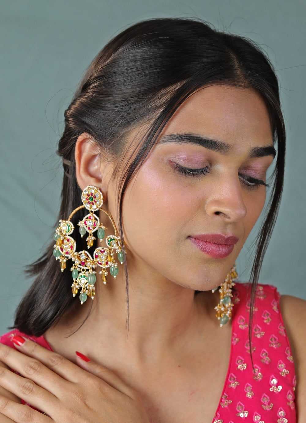 Sea Green and Yellow Jadtar Chandbali Earrings Riana by Shikha Jindal - Fabilicious Fashion