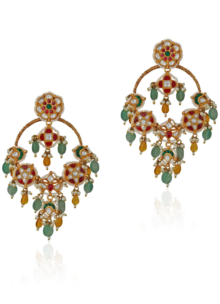 Sea Green and Yellow Jadtar Chandbali Earrings Riana by Shikha Jindal - Fabilicious Fashion