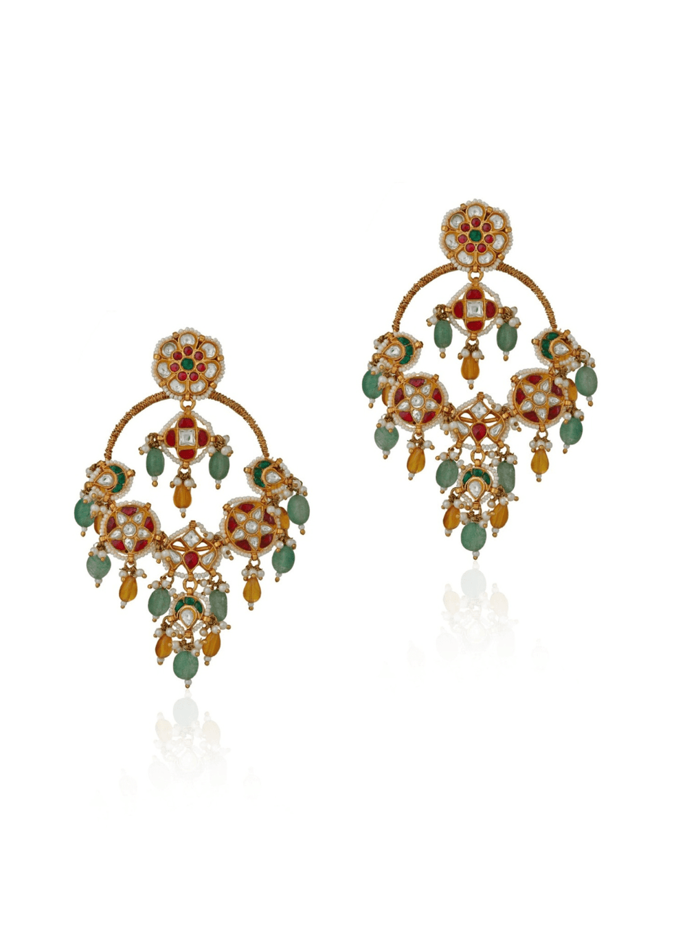 Sea Green and Yellow Jadtar Chandbali Earrings Riana by Shikha Jindal - Fabilicious Fashion