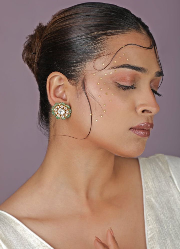 Sea Green Beaded Matte Gold Stud Earrings Riana Jewellery - Fabilicious Fashion