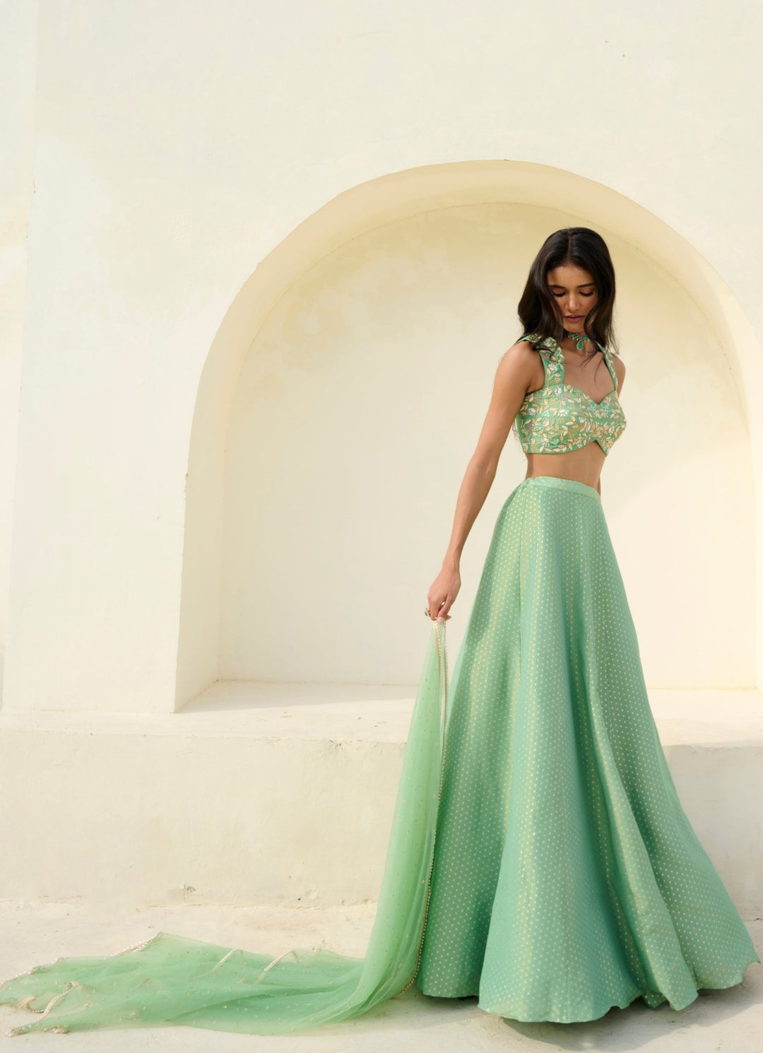 Sea Green Brocade Polka Lehenga Set Chamee and Palak - Fabilicious Fashion