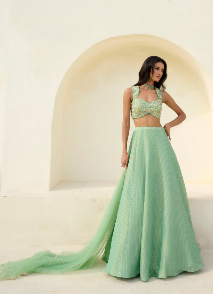 Sea Green Brocade Polka Lehenga Set Chamee and Palak - Fabilicious Fashion