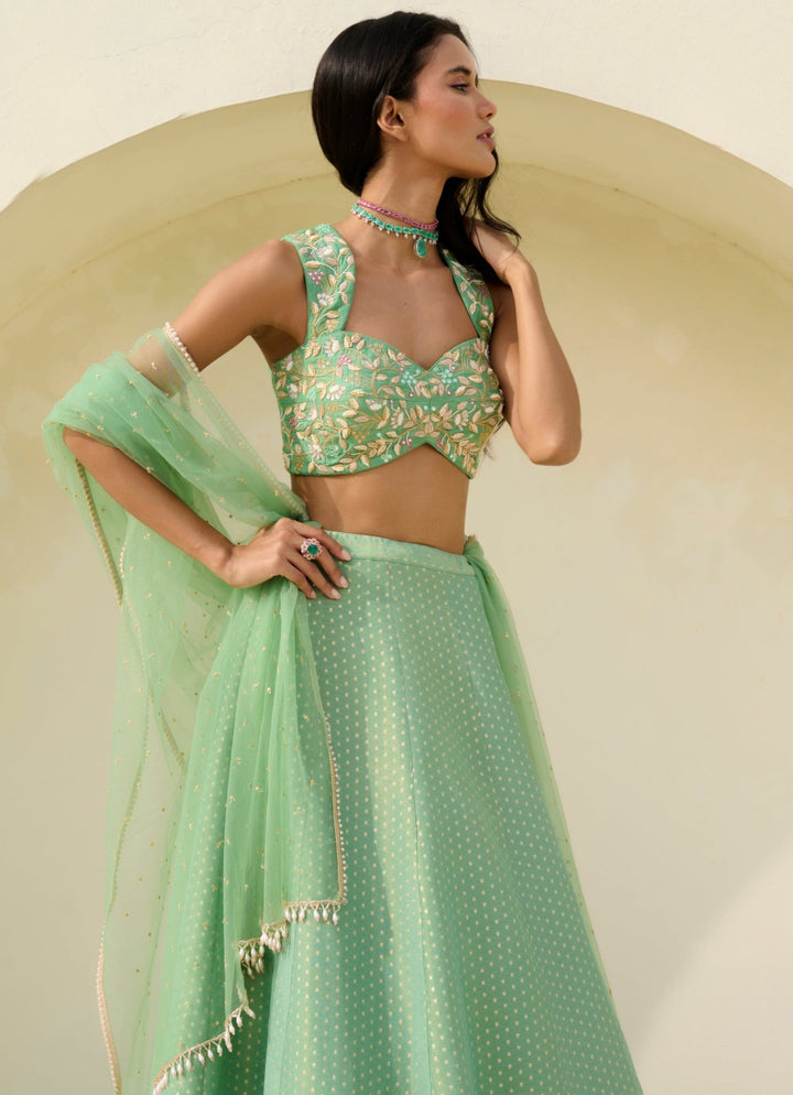 Sea Green Brocade Polka Lehenga Set Chamee and Palak - Fabilicious Fashion