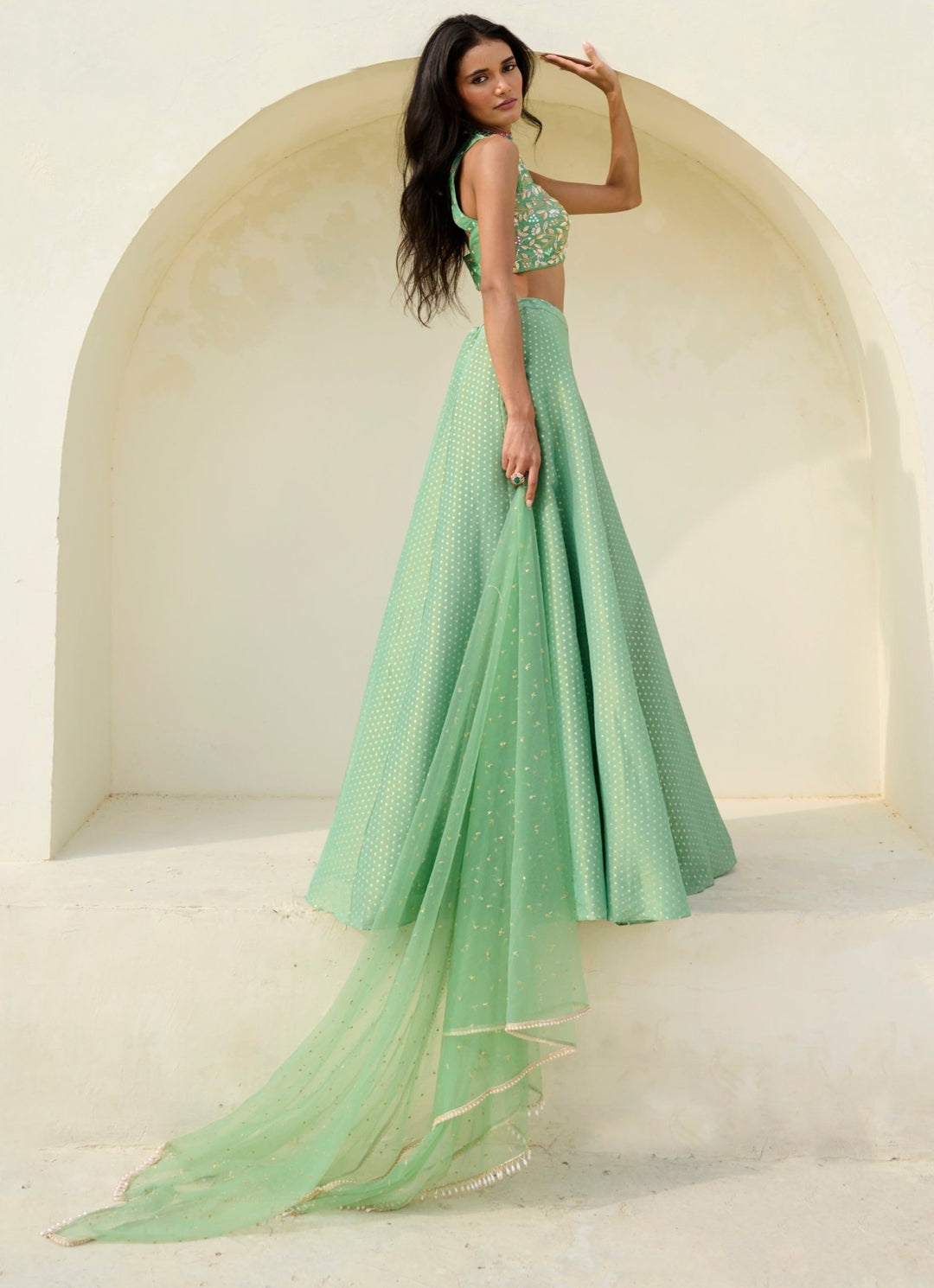 Sea Green Brocade Polka Lehenga Set Chamee and Palak - Fabilicious Fashion