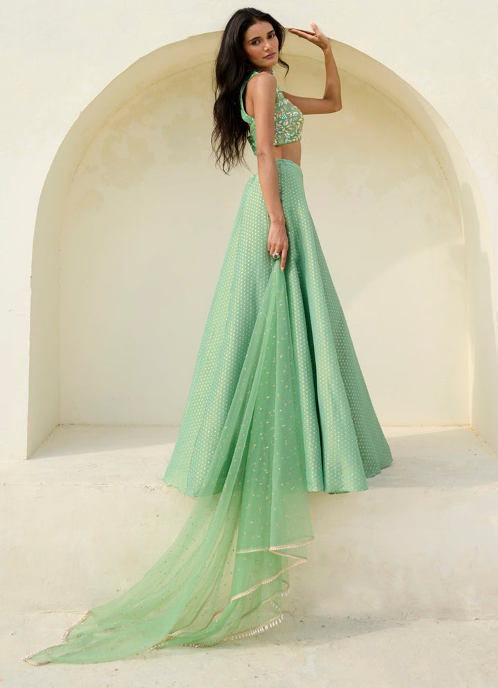 Sea Green Brocade Polka Lehenga Set Chamee and Palak - Fabilicious Fashion