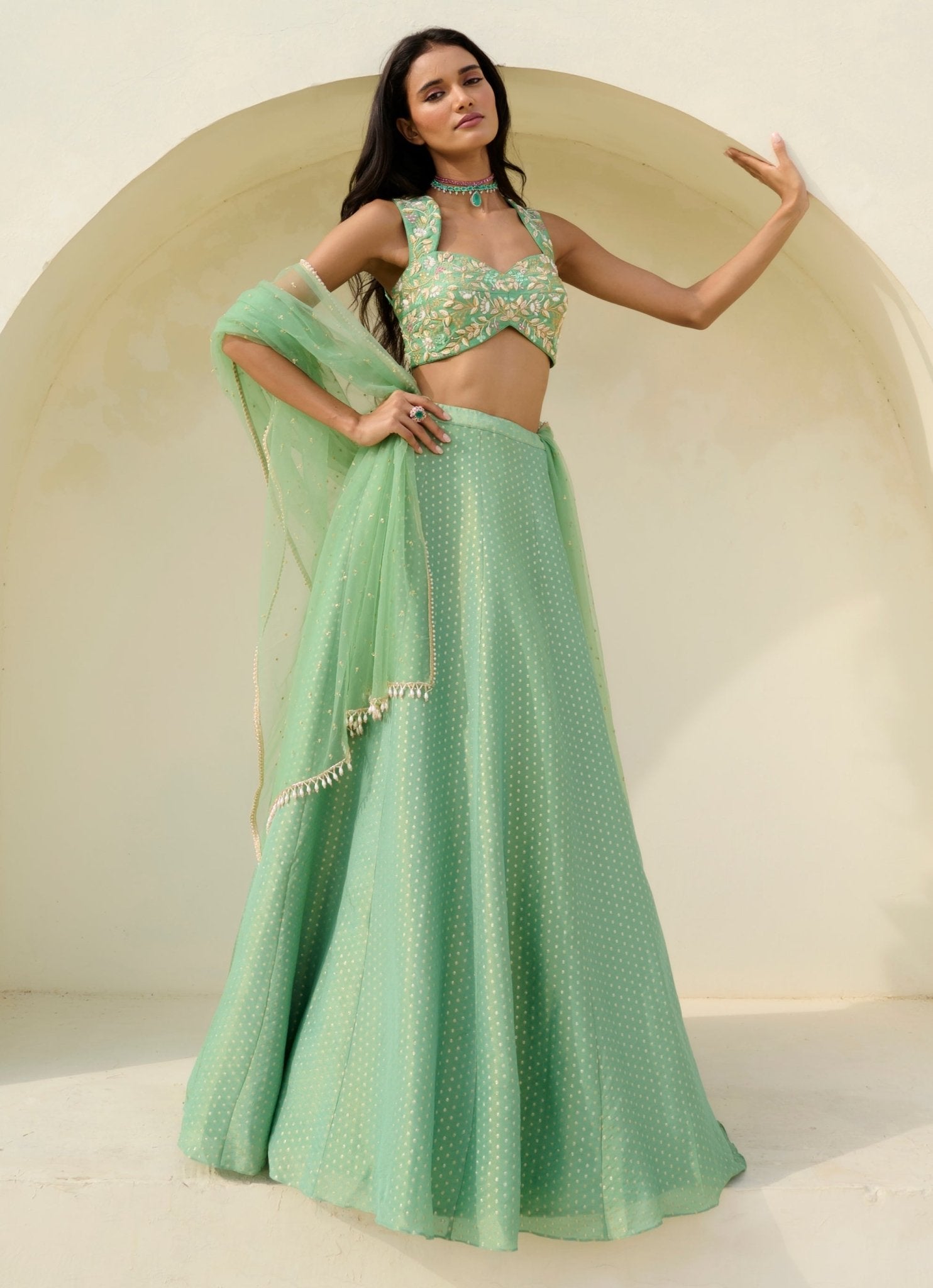 Sea green brocade polka lehenga by Chamee and Palak for mehendi