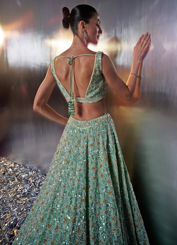 Sea Green Embroidered Bridal Lehenga Set Angad Singh - Fabilicious Fashion