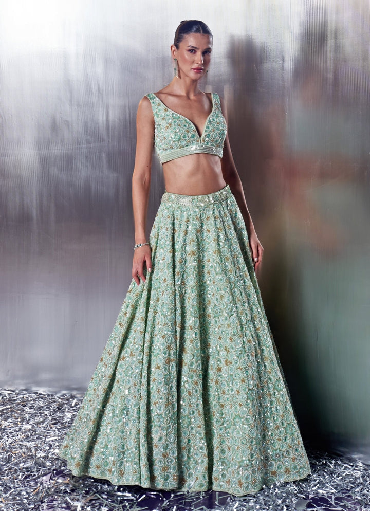 Sea Green Embroidered Bridal Lehenga Set Angad Singh - Fabilicious Fashion