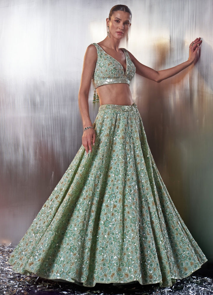 Sea Green Embroidered Bridal Lehenga Set Angad Singh - Fabilicious Fashion