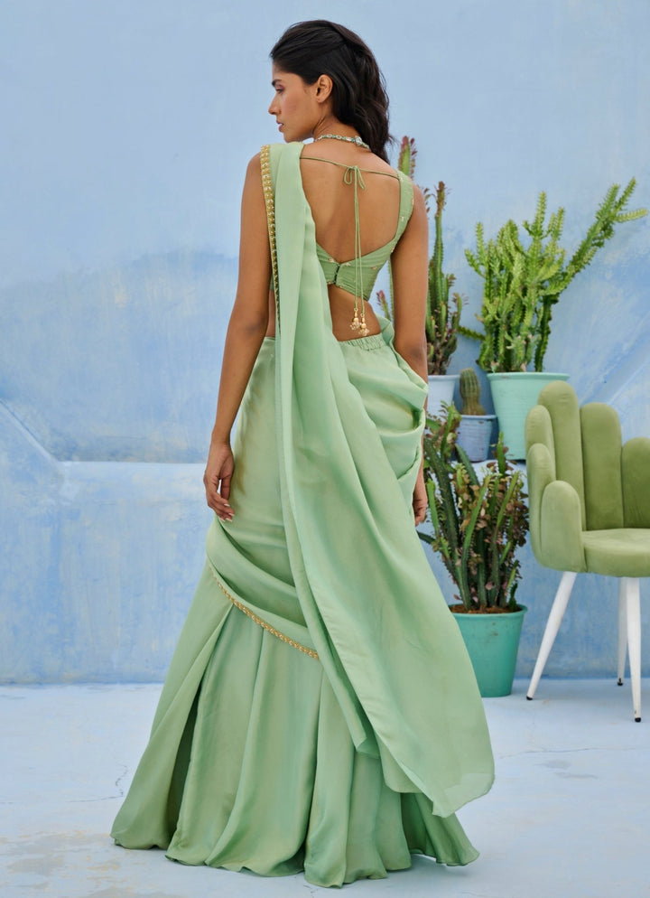 Sea Green Embroidered Silk Predraped Saree Set Chamee and Palak - Fabilicious Fashion