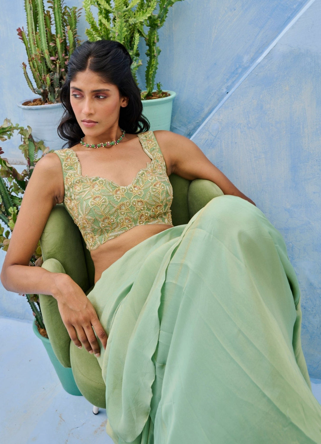 Sea Green Embroidered Silk Predraped Saree Set Chamee and Palak - Fabilicious Fashion