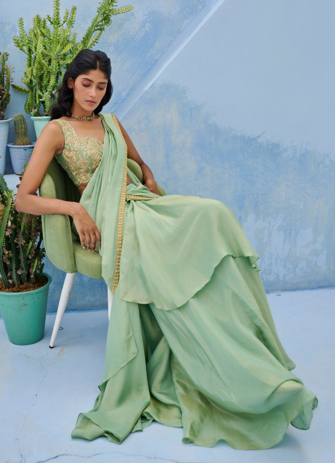 Sea Green Embroidered Silk Predraped Saree Set Chamee and Palak - Fabilicious Fashion