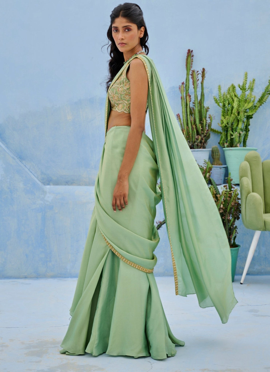 Sea Green Embroidered Silk Predraped Saree Set Chamee and Palak - Fabilicious Fashion