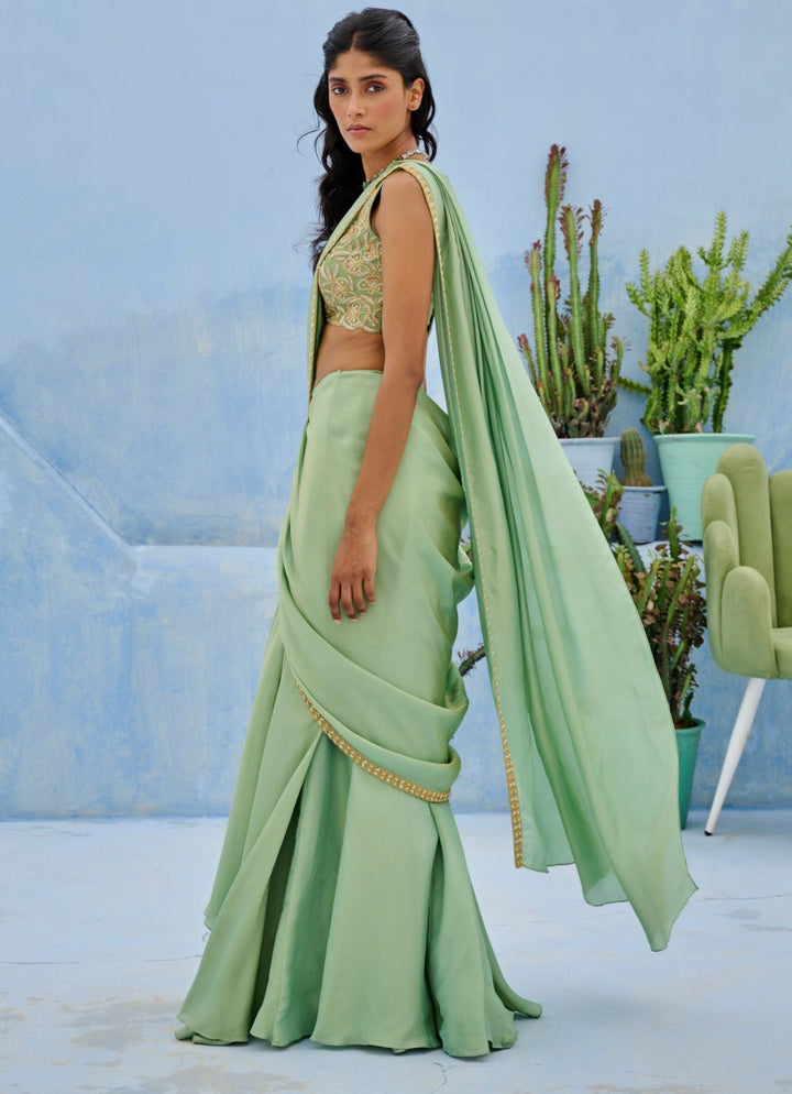 Sea Green Embroidered Silk Predraped Saree Set Chamee and Palak - Fabilicious Fashion