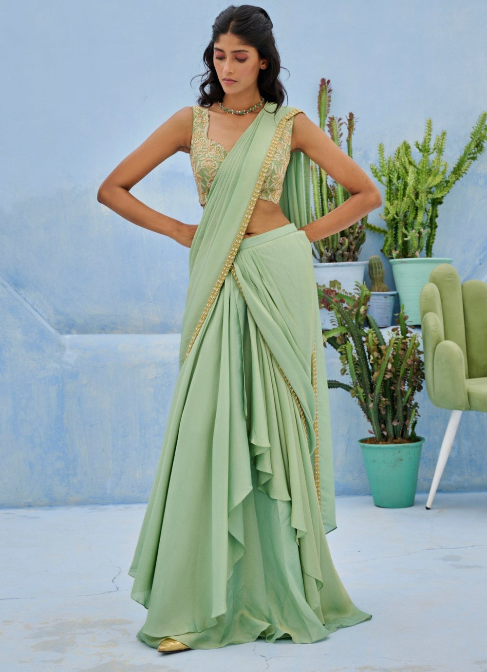 Sea Green Embroidered Silk Predraped Saree Set Chamee and Palak - Fabilicious Fashion