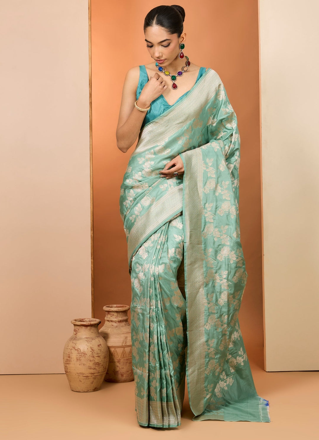 Sea Green Embroidered Silk Saree Set Neha Khullar - Fabilicious Fashion