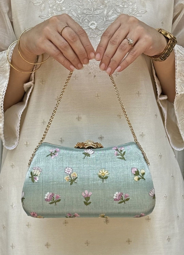 Sea Green Embroidered Tissue Clutch