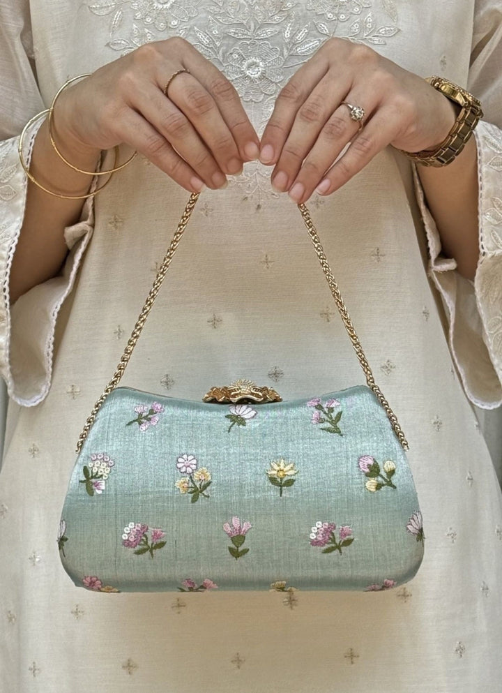 Amyra Sea Green Embroidered Tissue ClutchFabilicious Fashion