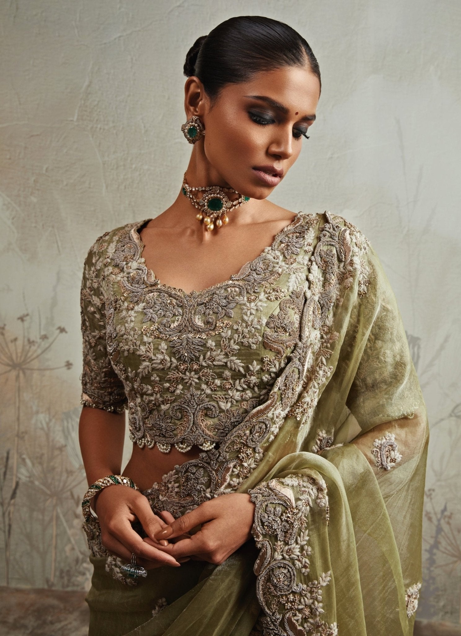 Sea green embroidered tissue saree by Prisho