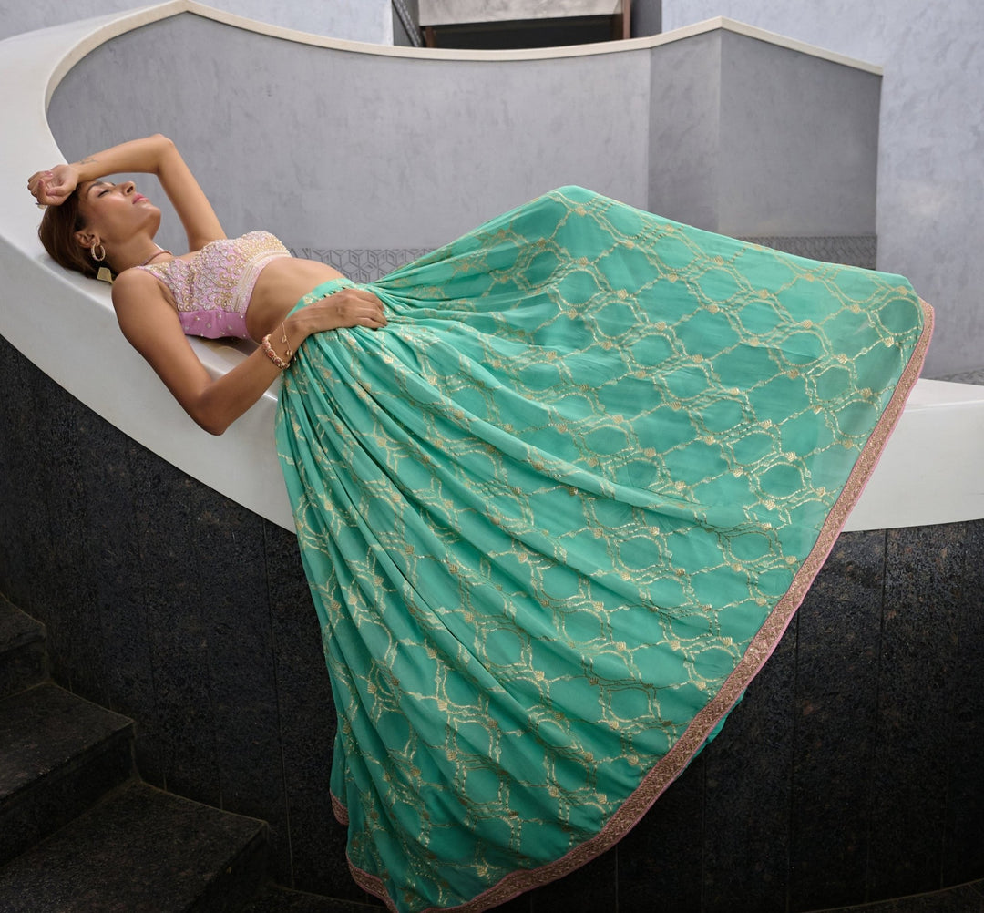 Sea Green Georgette Jamewar Lehenga set Chamee and Palak - Fabilicious Fashion