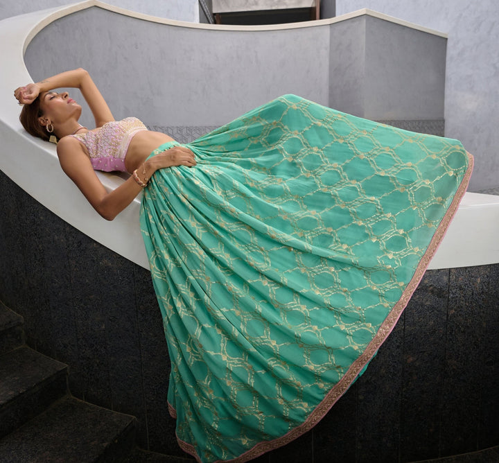 Sea Green Georgette Jamewar Lehenga set Chamee and Palak - Fabilicious Fashion