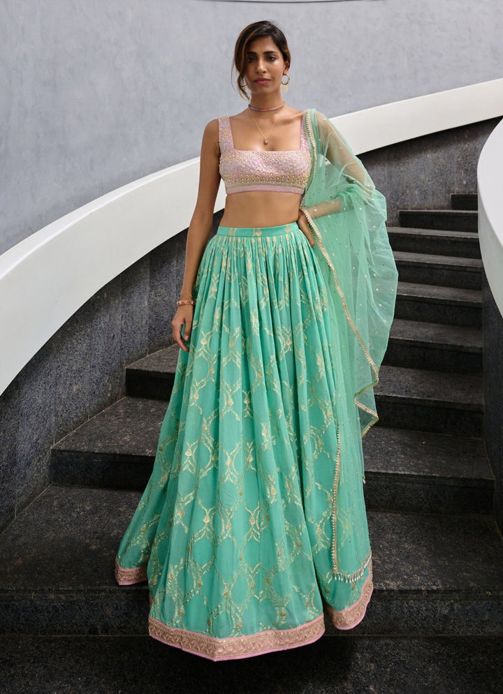 Sea Green Georgette Jamewar Lehenga set Chamee and Palak - Fabilicious Fashion