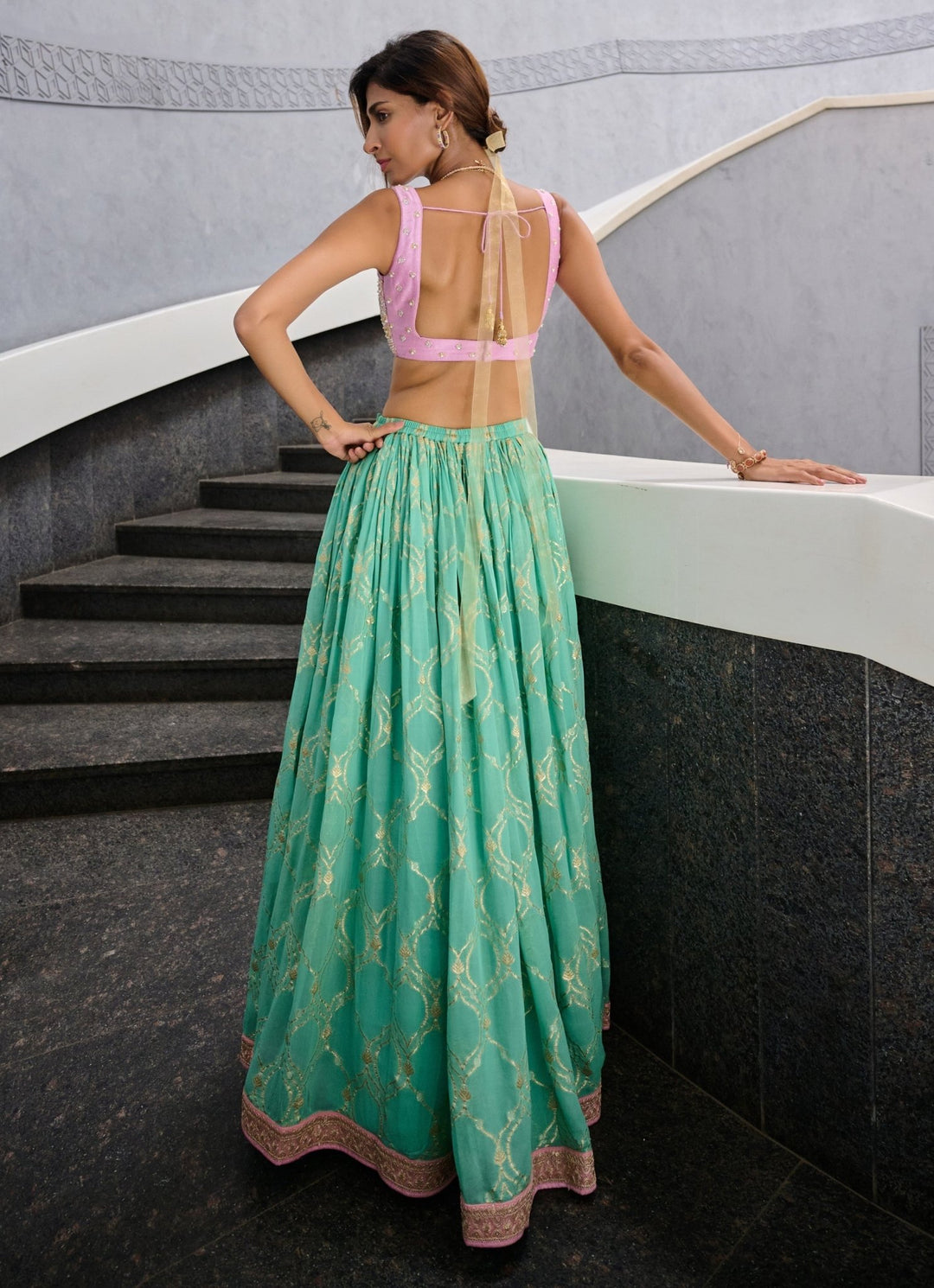 Sea Green Georgette Jamewar Lehenga set Chamee and Palak - Fabilicious Fashion