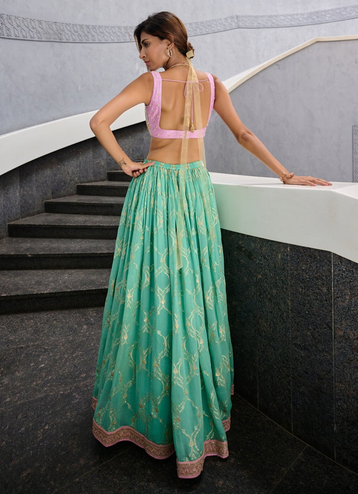 Sea Green Georgette Jamewar Lehenga set Chamee and Palak - Fabilicious Fashion