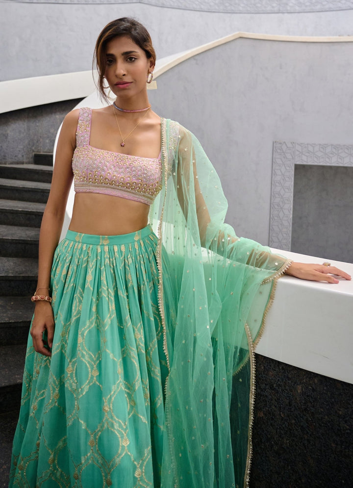 Sea Green Georgette Jamewar Lehenga set Chamee and Palak - Fabilicious Fashion