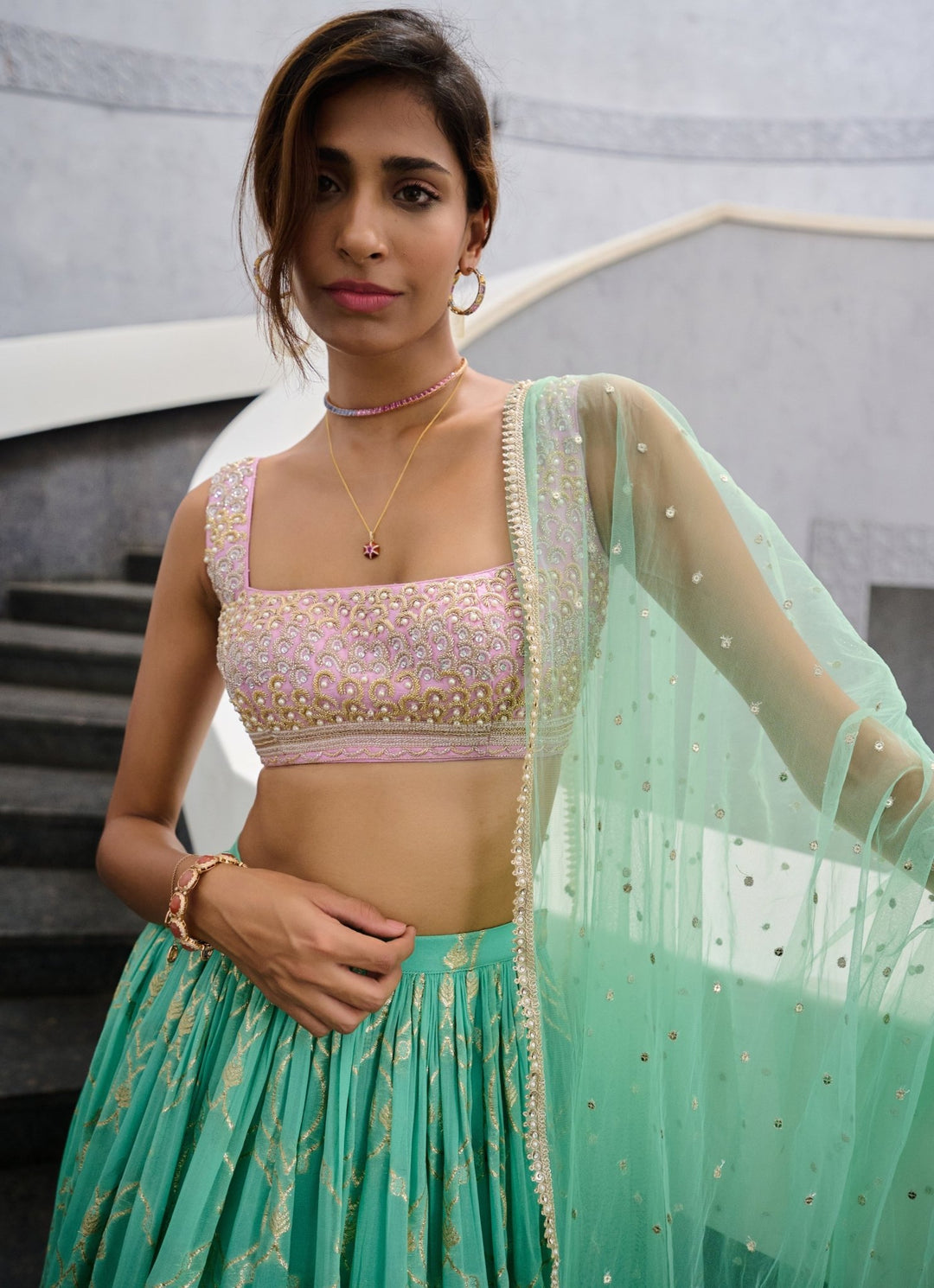 Sea Green Georgette Jamewar Lehenga set Chamee and Palak - Fabilicious Fashion
