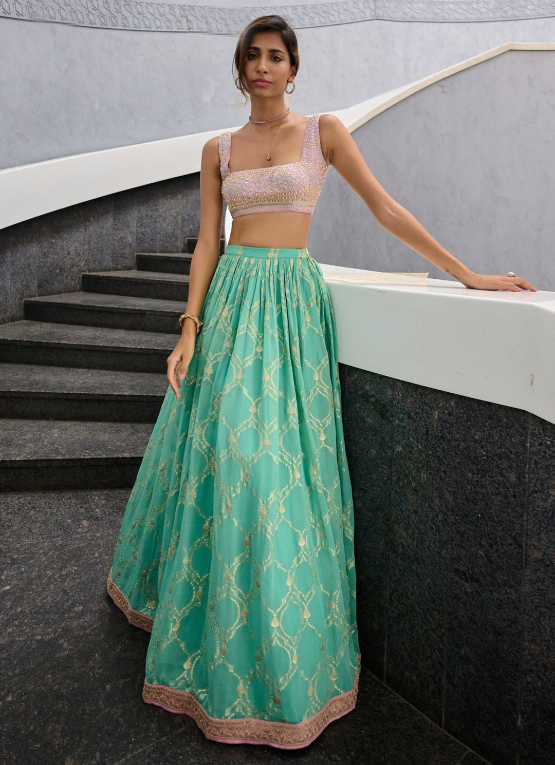 Sea Green Georgette Jamewar Lehenga set Chamee and Palak - Fabilicious Fashion