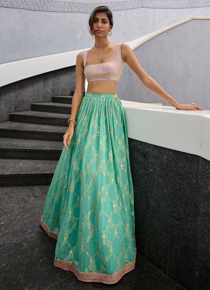 Sea Green Georgette Jamewar Lehenga set Chamee and Palak - Fabilicious Fashion